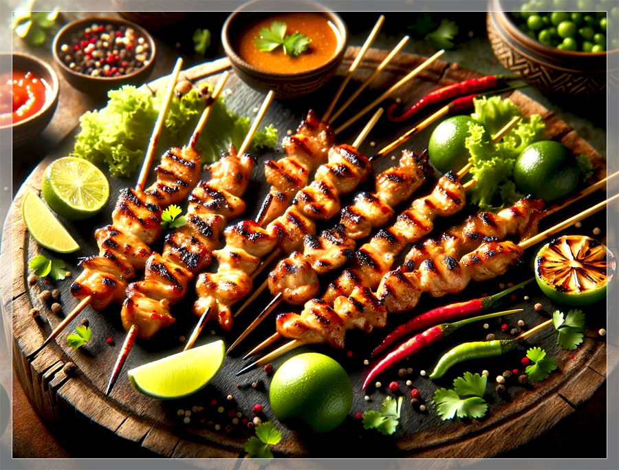 Gegrillte Satay-Spieße mit Erdnusssauce neben Limetten, bunten Chilis und Koriander, ideal für ein sommerliches Grillfest.