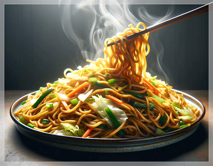 Gebratene Mie-Nudeln, bekannt als Chow Mein, mit Sojasprossen und Lauch auf einem hellen Teller