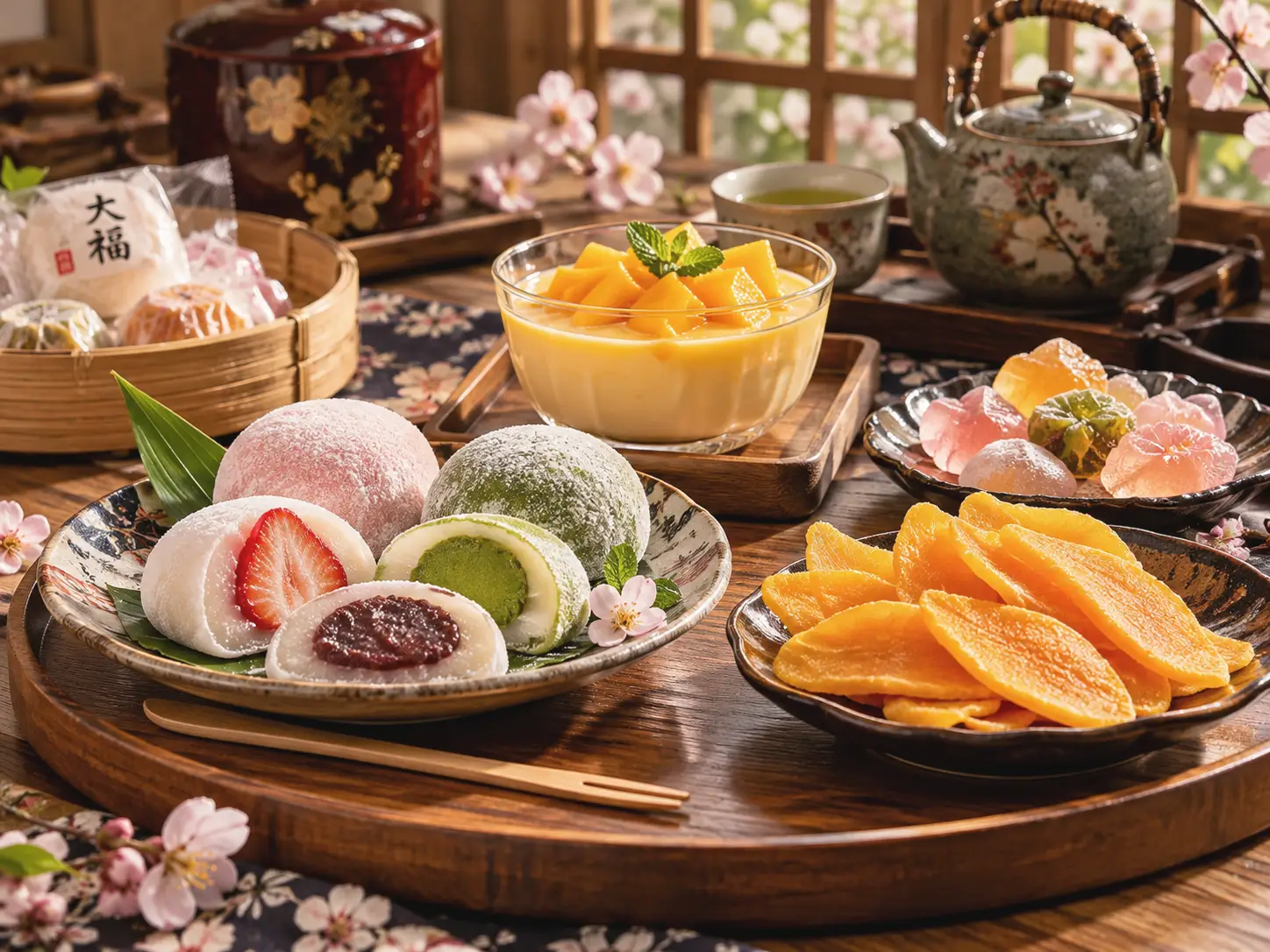 Eine Präsentation farbenfroher Mochi, einer traditionellen japanischen Süßigkeit, wunderschön arrangiert auf einem Serviertablett aus Bambus.
