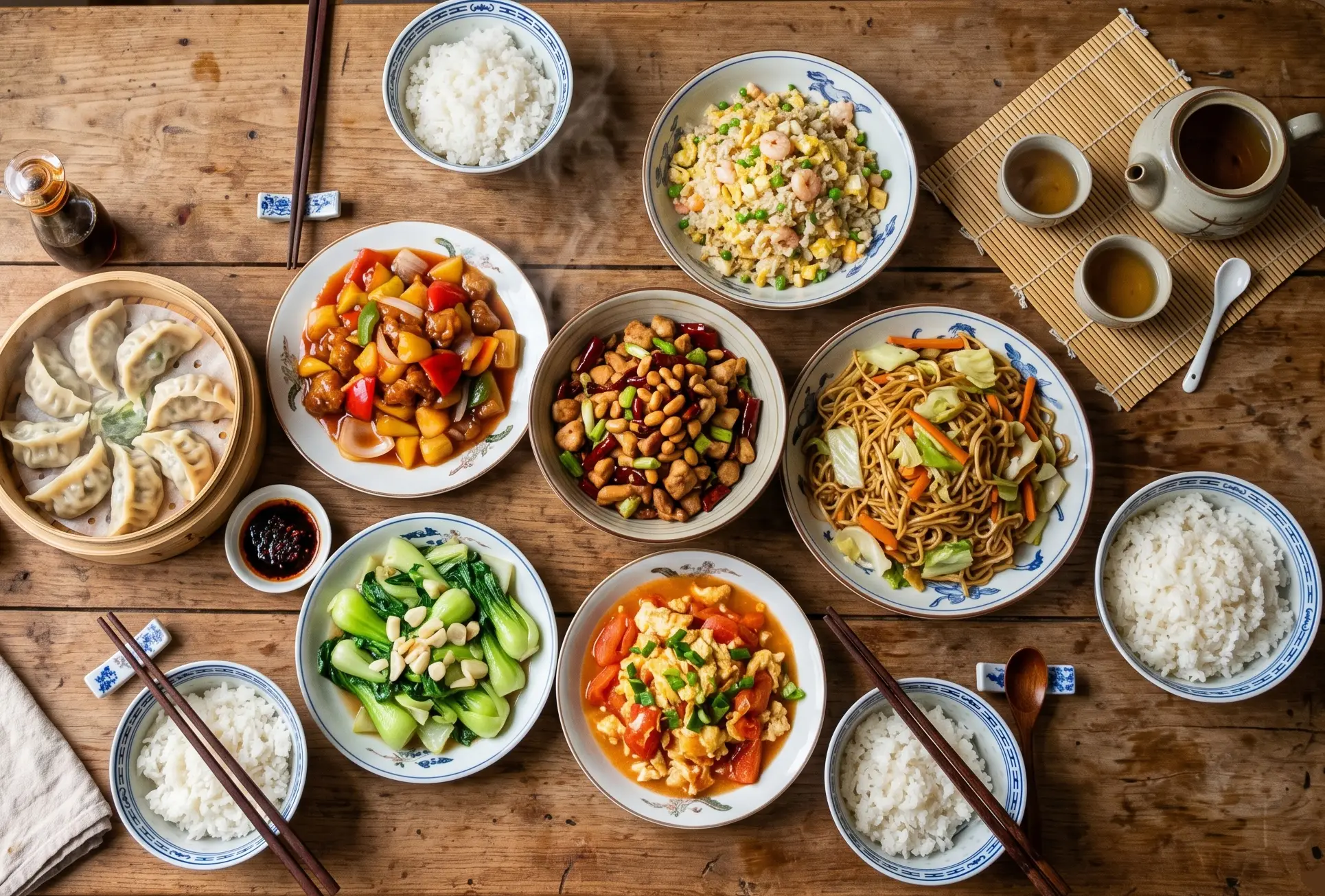 Gemütlicher chinesischer Esstisch aus der Vogelperspektive mit verschiedenen dampfenden Gerichten wie Dumplings, Kung-Pao-Huhn, süß-sauerem Schweinefleisch, gebratenem Reis und Chow Mein, ergänzt durch Bok Choy und Tomaten-Ei. Dazu eine Schüssel Reis, Keramikgeschirr mit dezenten chinesischen Mustern, locker platzierte Essstäbchen und ein Teeservice. Warmes, natürliches Licht und eine leicht unperfekte, wohnliche Atmosphäre.