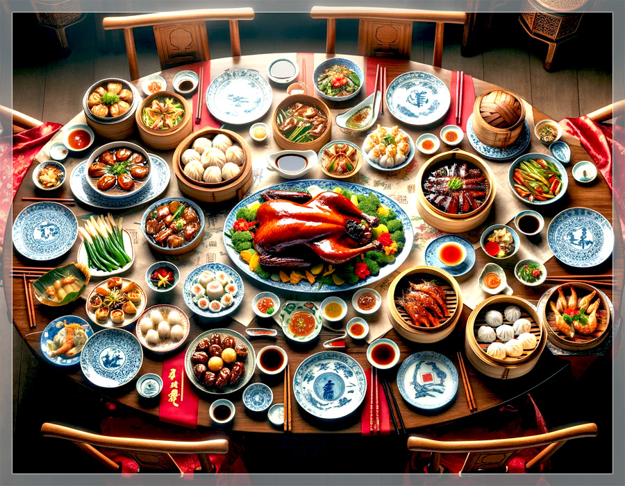 Chinesische Festmahl: Fisch, Dim Sum, Ente, Meeresfrüchte auf rotem Hintergrund
