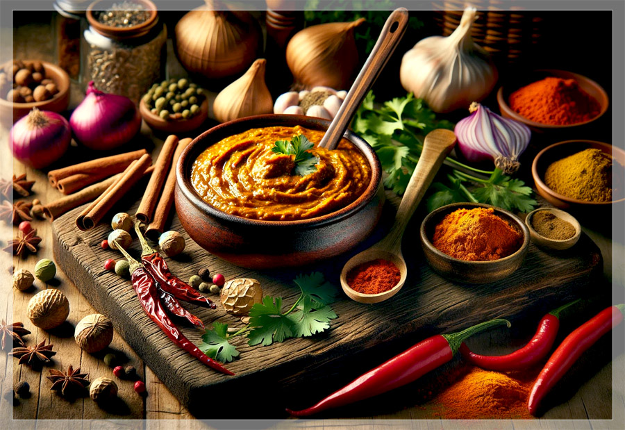 Indische Currypaste neben roten Chilis, Knoblauch, Ingwer und Gewürzen