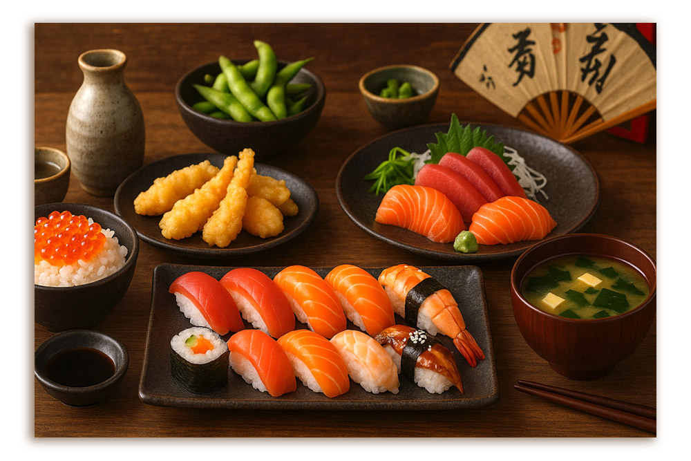 Japanische Sushi-Platte mit Nigiri, Sashimi, Tempura, Edamame und Miso-Suppe, angerichtet auf schwarzem Geschirr im traditionellen Stil.