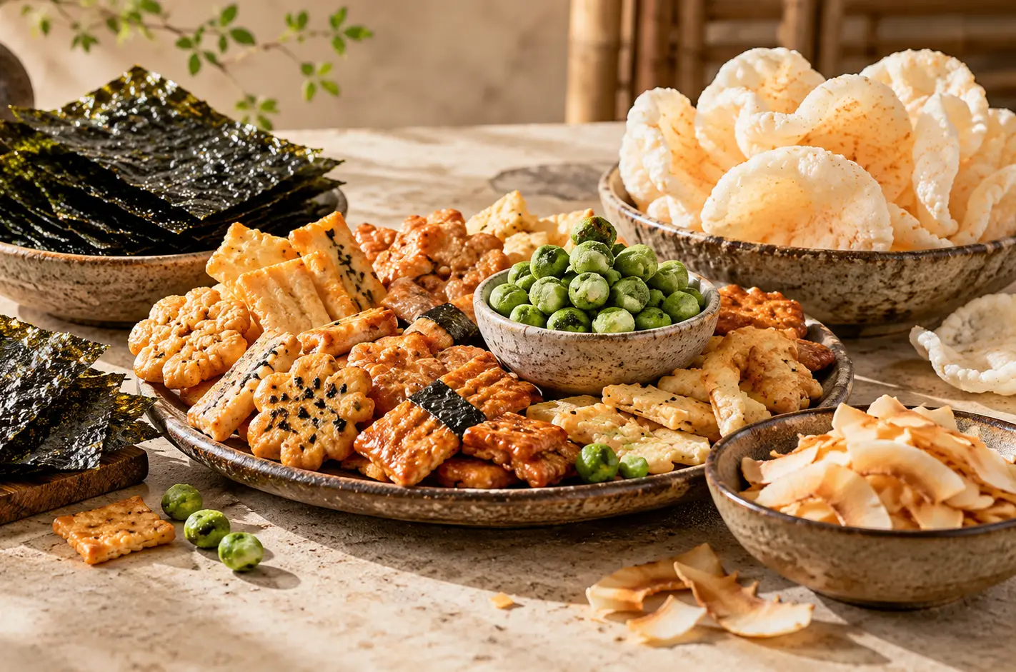 Auswahl asiatischer Snacks mit knusprigen Reiscrackern, Wasabi-Erdnüssen, gerösteten Algenblättern, Krabbenchips und Kokoschips, stilvoll angerichtet in Keramikschalen auf hellem Steinhintergrund.