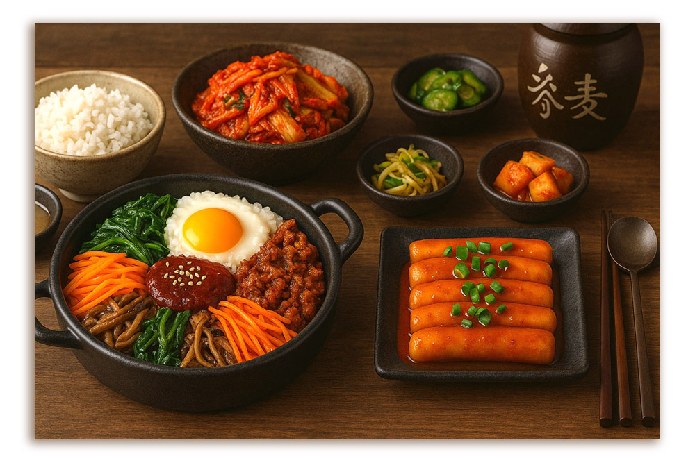 Koreanische Spezialitäten mit Bibimbap, Tteokbokki, Kimchi und Reis, serviert in Schalen mit Beilagen auf einem Holztisch.