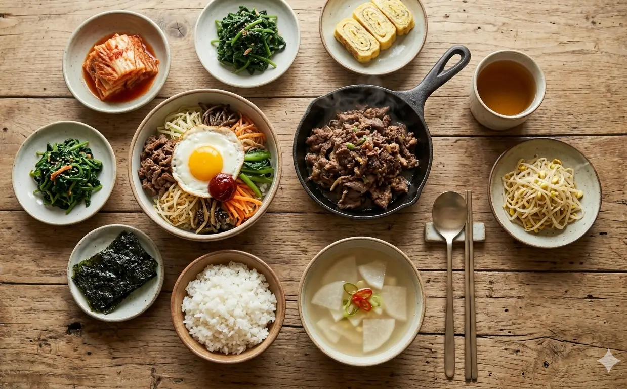 Typische koreanische Mahlzeit: Reis, Suppe, Kimchi, Tofu, Fleisch und scharfe Sauce