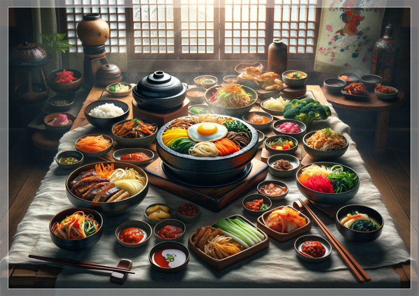 Typische koreanische Mahlzeit: Reis, Suppe, Kimchi, Tofu, Fleisch und scharfe Sauce