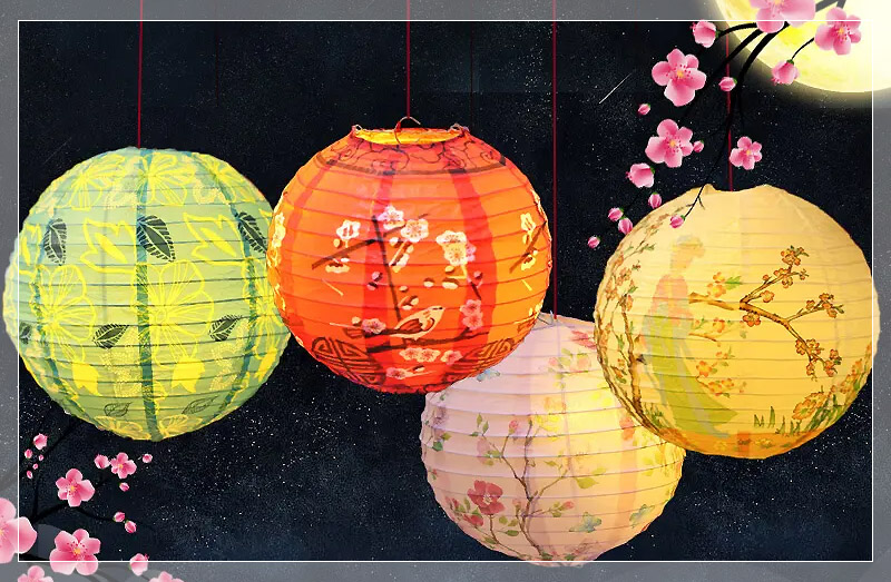 Asiatische Papierlampions in verschiedenen Farben und Design