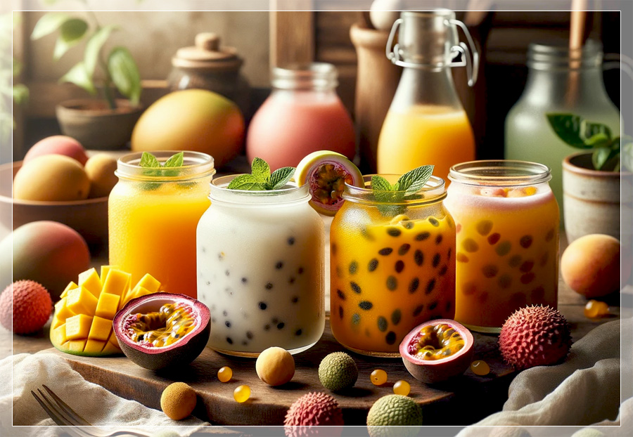 Verschiedene bunte Fruchtsäfte sowie frisches Obst und Beeren
