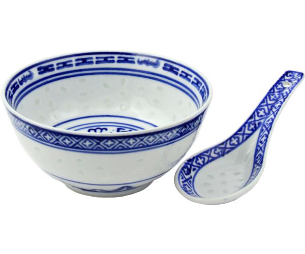 Reisschale mit Löffel, blau-weiß Reisschale mit Löffel, blau-weiß