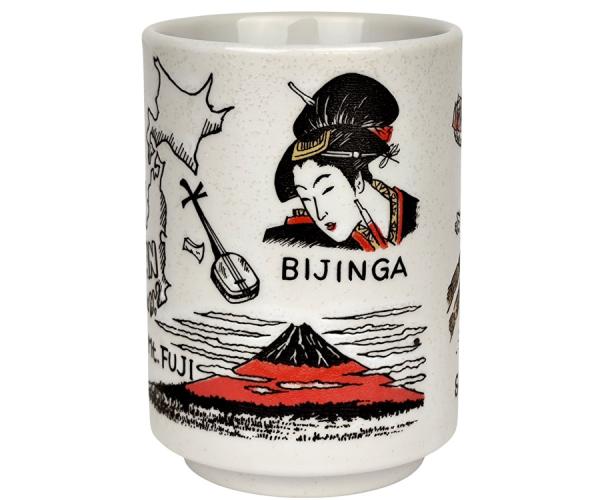 Japanischer Becher mit Motiv (Mt. Fuji, klassische Bijinga-Figur) Japanischer Becher mit Motiv (Mt. Fuji, klassische Bijinga-Figur)